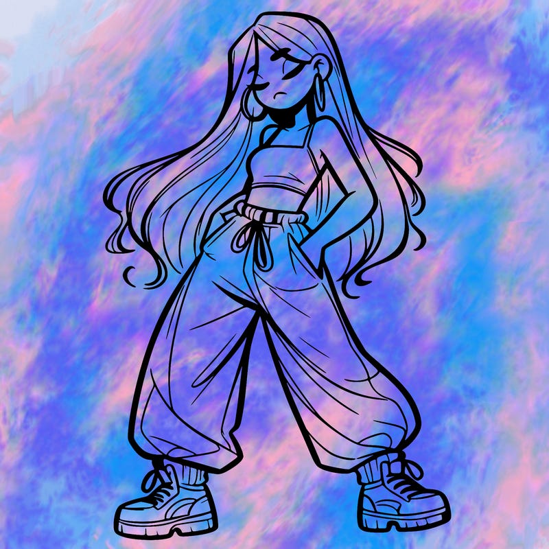 girl in baggy pants crop top and long hair