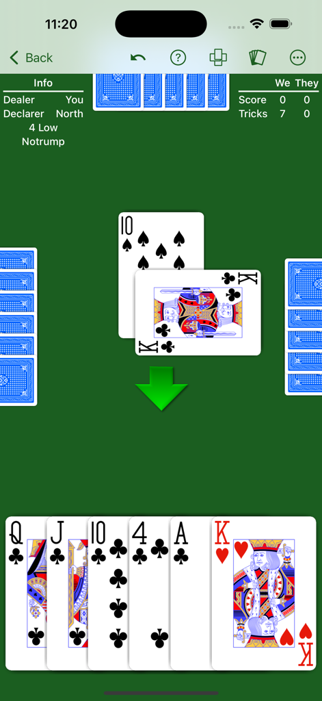 Bid Whist Expert AI gameplay screen showing a trick-taking card game on a green table with user cards and score information