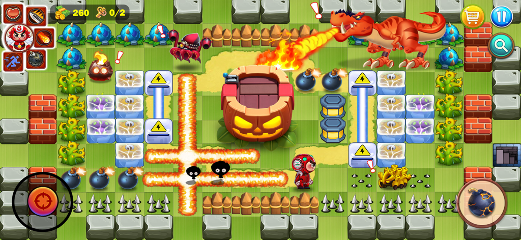 Bomber Classic- Bomberman - Action-packed gameplay of Bomber Classic showing the hero character navigating a level with bombs and a fire-breathing dinosaur boss.
