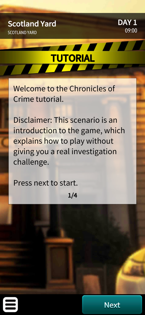 Chronicles of Crime - Introductory tutorial screen for Chronicles of Crime mobile app showing Scotland Yard location