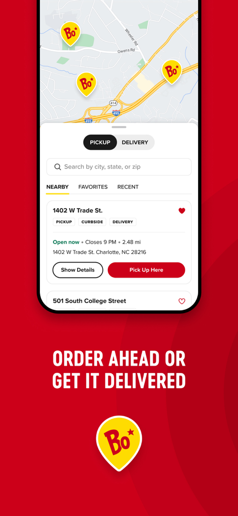 Bojangles Restaurant - Map view of Bojangles restaurant locations with pickup and delivery options