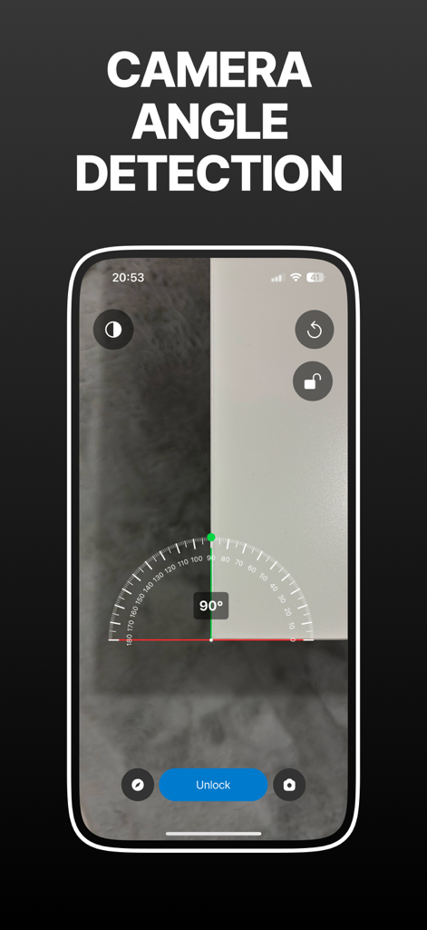 Protractor Measuring Angle - Schermata dello smartphone che mostra il rilevamento dell'angolo della fotocamera con una misurazione di 90 gradi
