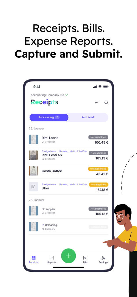 Mobile app interface for Envoice showing a list of business receipts and expense reports being processed