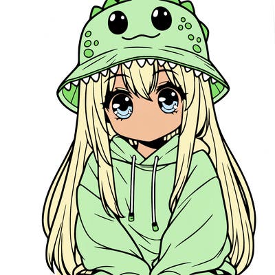 girl with anime shaped eyes with a dinosaur bucket hat oversized sweatshirt long straight hair