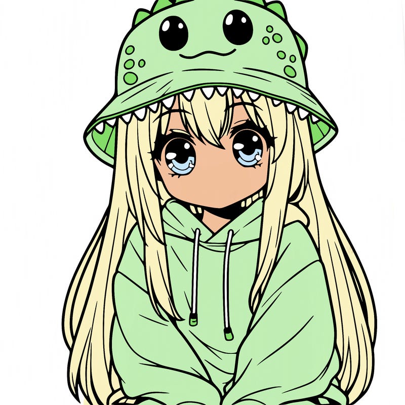 girl with anime shaped eyes with a dinosaur bucket hat oversized sweatshirt long straight hair