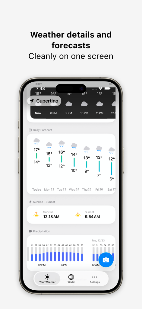 Your Weather. - Your Weather-App zeigt eine saubere minimalistische Benutzeroberfläche mit Wetterdetails und täglichen Vorhersagen auf einem Bildschirm.