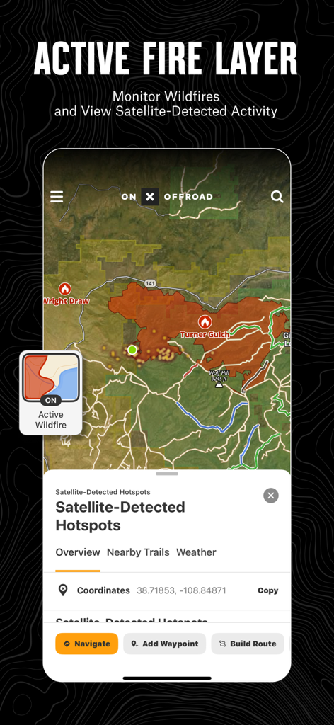 onX Offroad: Trail Maps & GPS - Uno screenshot dell'app onX Offroad che visualizza il livello degli incendi attivi e i punti caldi rilevati dai satelliti su una mappa topografica.