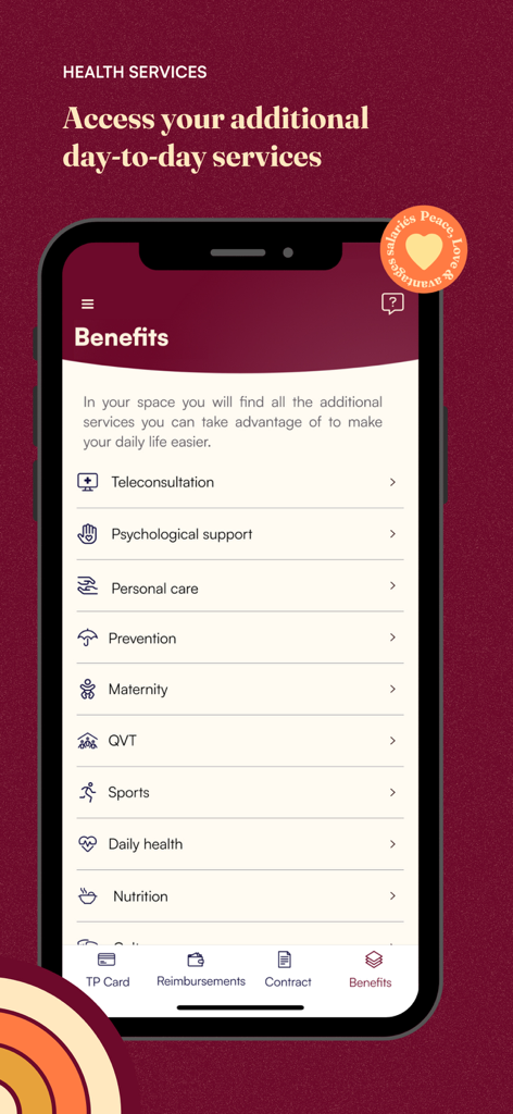 Interface de l'application mobile SideCare affichant une liste de services de santé et d'avantages supplémentaires.