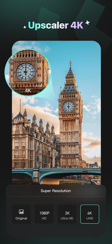 Winkit - AI Video Enhancer - Winkit app interface showing the 4K UHD upscaling feature on a detailed photo of Big Ben.