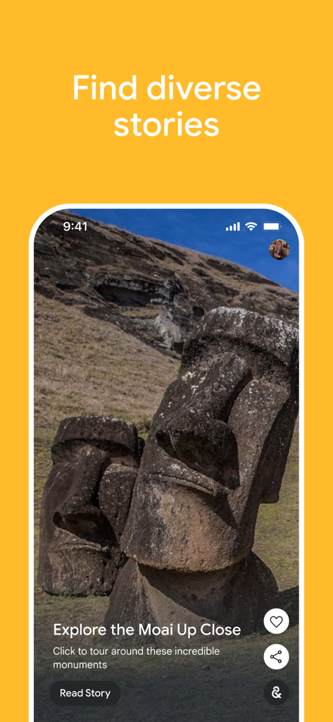 Google Arts & Culture - Interfaz de la aplicación Google Arts and Culture que muestra estatuas Moai con el texto Encuentra historias diversas.