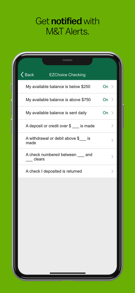 Pantalla de la aplicación M&T Mobile Banking que muestra alertas de notificación personalizables para una cuenta corriente