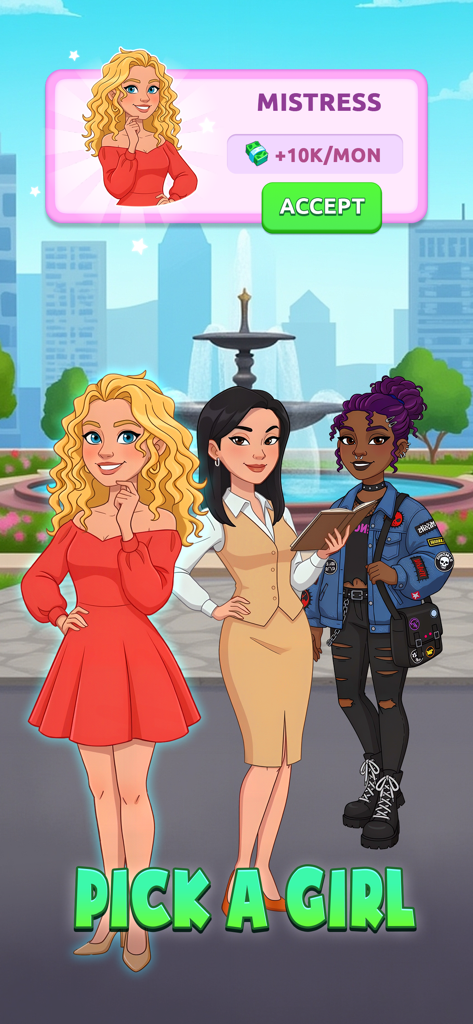 Una pantalla del juego de Money Empire que muestra tres personajes femeninos y una opción para elegir una amante
