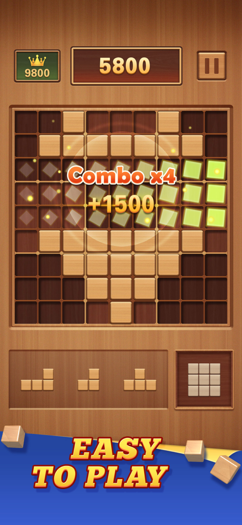 Wood Block 99 - Sudoku Puzzle - Interfaz del rompecabezas Wood Block 99 mostrando un combo de 4x y bloques de madera en una cuadrícula