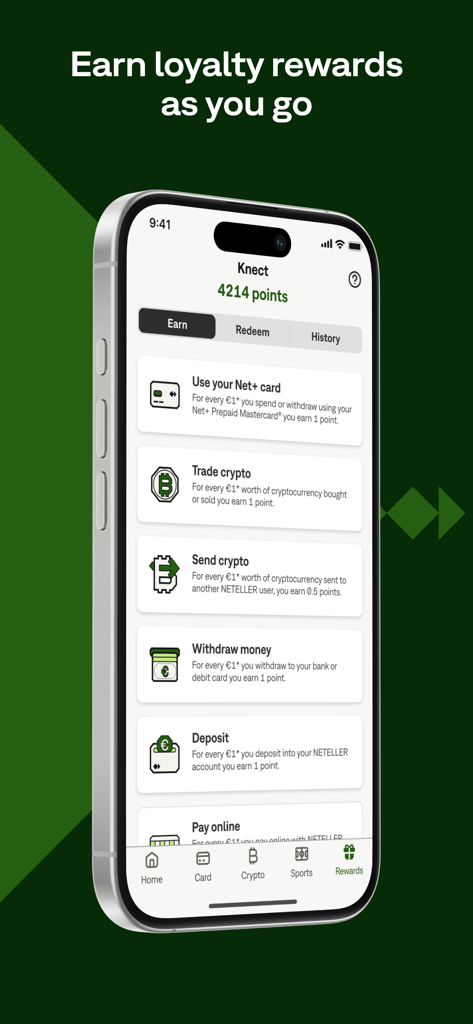 Neteller - Money Transfer - 暗号資産取引やカード利用でポイントを獲得できるオプションを備えた、Knectロイヤリティプログラムを表示するNetellerアプリのインターフェース