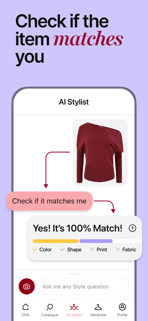 Interfaccia dell'app stilista AI che mostra un risultato di corrispondenza al 100% per un maglione rosso basato su colore e forma