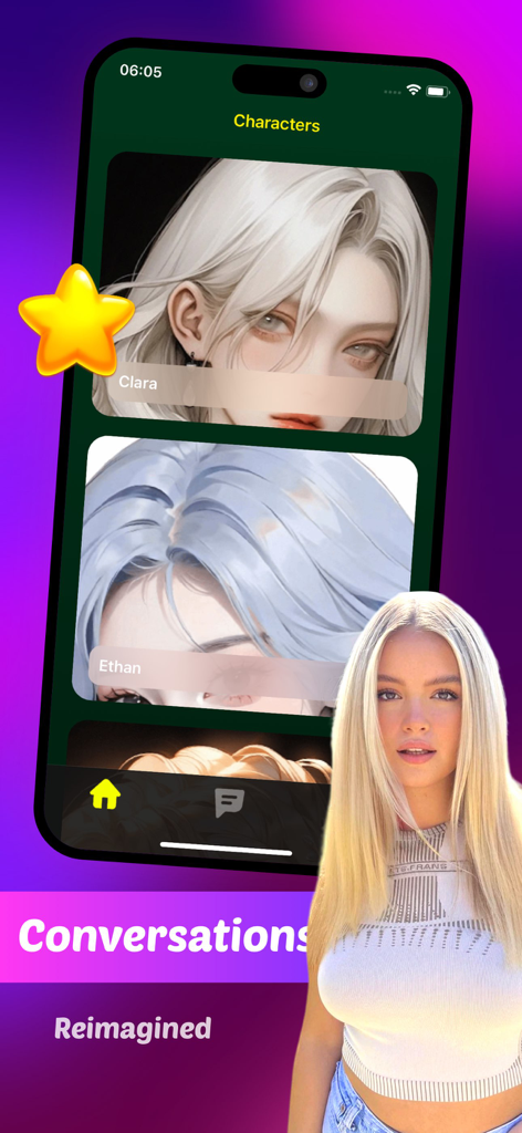 Zotap mobile app character selection screen featuring AI personas