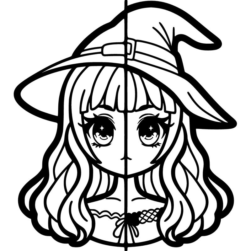 half split of a girl half of it with a witches hat