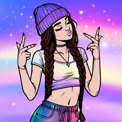realistic teenage girl with braids and a beanie and crop top doing 🫶🏼