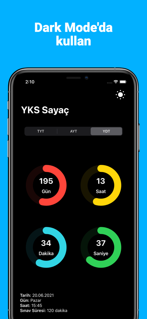 YKS Sayaç ve Widget - YKS exam countdown app interface in dark mode showing remaining days hours and minutes
