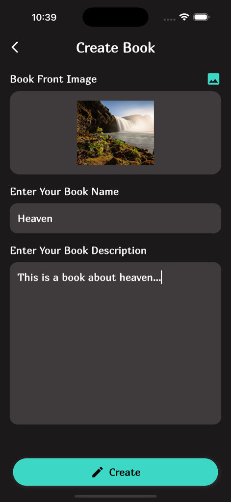 Animeflix - Mobile app screen for creating a custom anime list book with fields for cover image, name, and description.