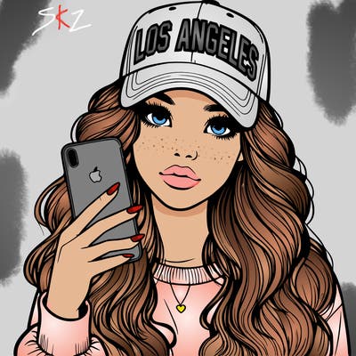 realistic beautiful girl wearing los ángeles cap holding an iphone