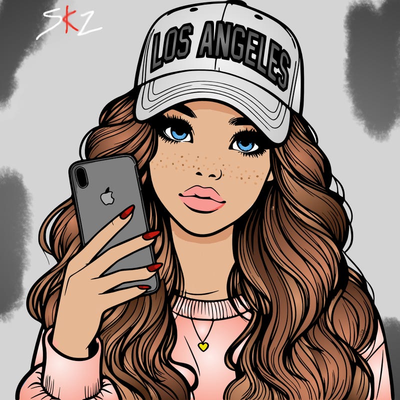 realistic beautiful girl wearing los ángeles cap holding an iphone