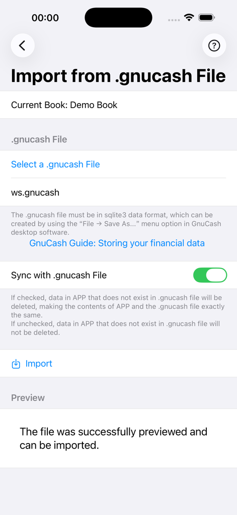 MyLedger: GnuCash Companion - Pantalla de importación de archivos GnuCash en la aplicación MyLedger