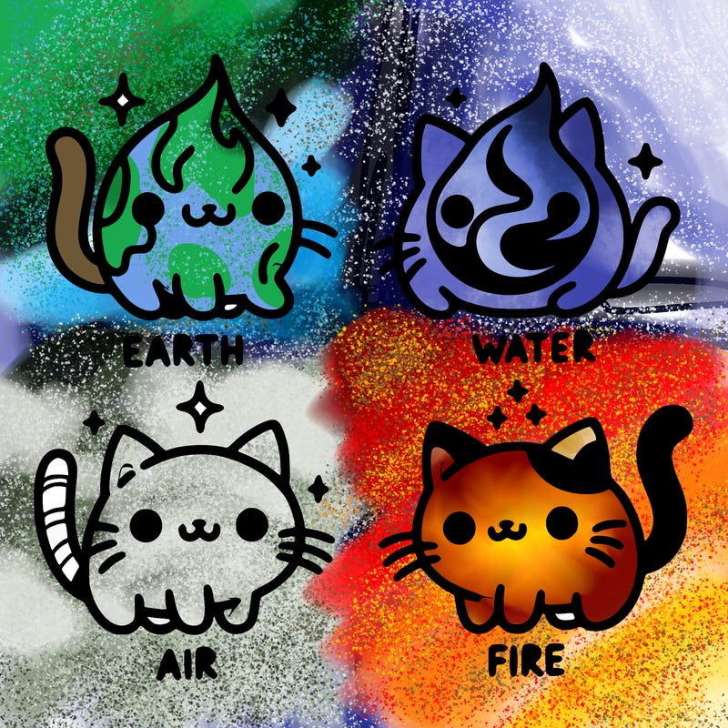 4 cats that represent the different elements, earth, water, air, and fire