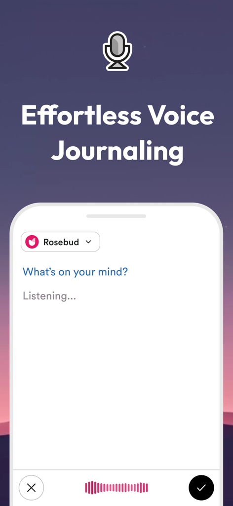 음성 녹음 및 전사 기능을 보여주는 Rosebud AI 저널링 앱 인터페이스.