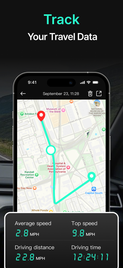 Smartphone screen showing a travel route map and trip statistics including average speed and driving time in the SpeedAce app