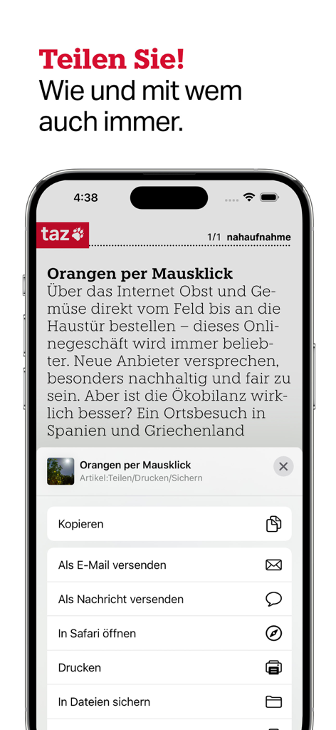 taz, die tageszeitung - Uno screenshot che mostra il menu di condivisione nell'app di notizie taz con opzioni per inviare via email, stampare o inviare un articolo tramite messaggio.