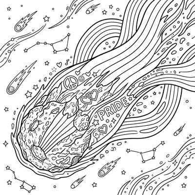 Blast off into a world of creativity with this unique coloring page featuring a comet nuclei adorned with vibrant Pride symbols. Designed especially for kids aged 4-8, it offers a fun and educational way to celebrate diversity.