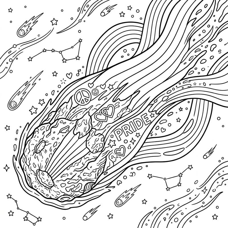 Blast off into a world of creativity with this unique coloring page featuring a comet nuclei adorned with vibrant Pride symbols. Designed especially for kids aged 4-8, it offers a fun and educational way to celebrate diversity.