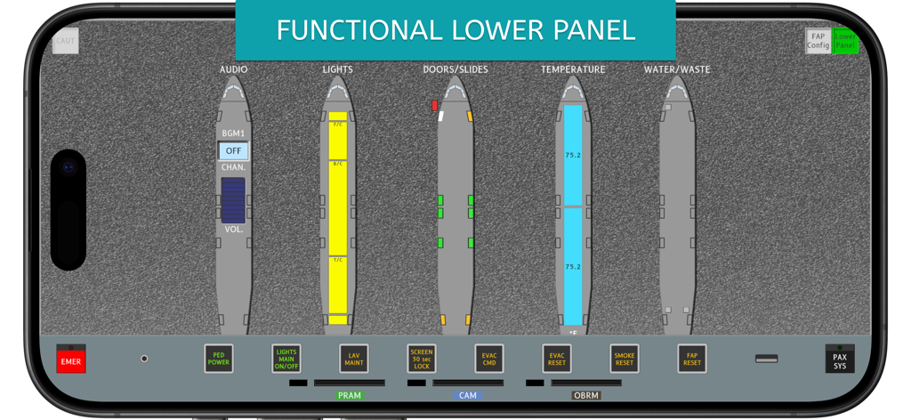A320 FAP Simulator - Interfaz de la aplicación Simulador A320 FAP mostrando el panel inferior funcional con sistemas de cabina como luces, puertas y controles de temperatura.
