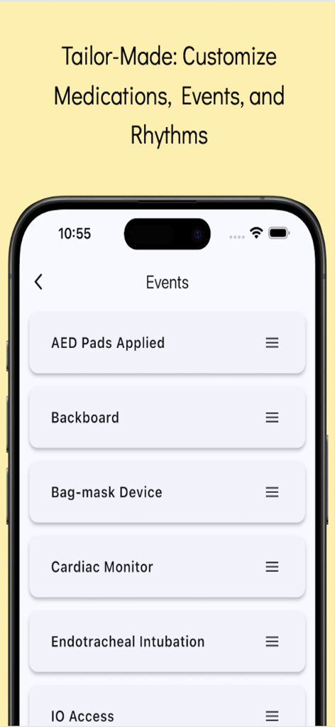Code Blue: CPR Event Timer - Interface for customizing medical events such as AED pads and intubation in the Code Blue app