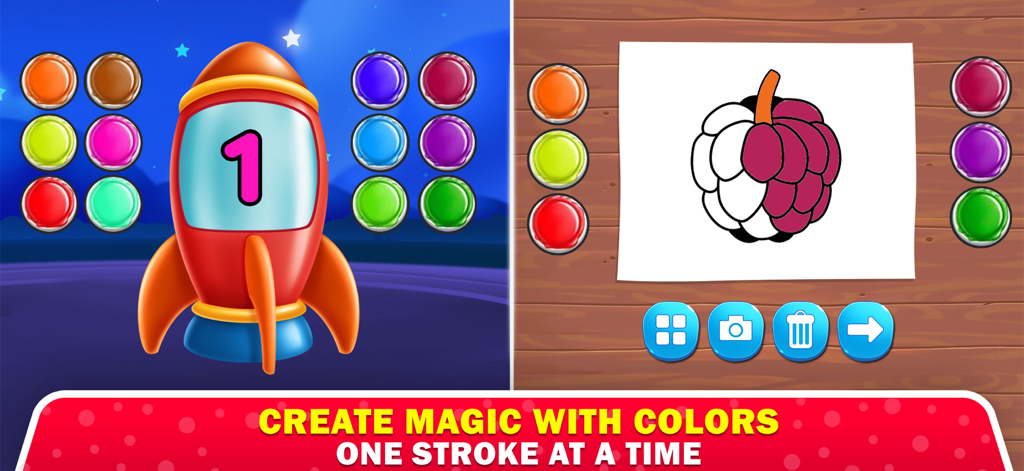 Playbees - Kids Learning Games - Un libro para colorear digital y una actividad de pintura para niños con un cohete y un racimo de uvas.