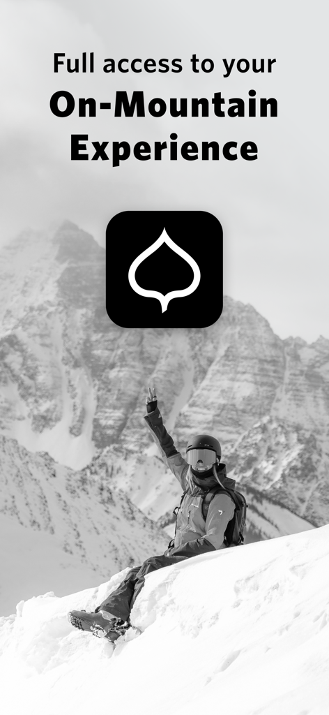 Aspen Snowmass App - Skier sitting on a snowy mountain peak with the Aspen Snowmass logo and intro text