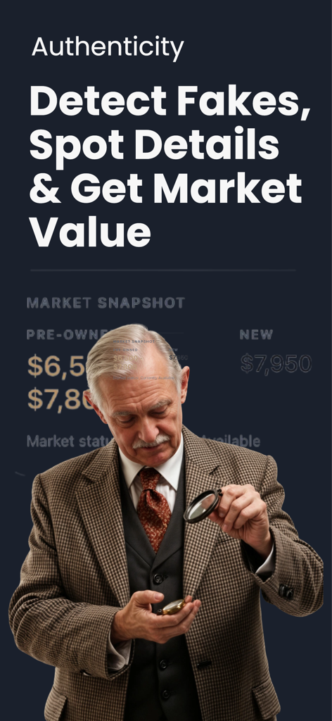 Horo ID - Watch Identifier - Watch expert examining a timepiece with a magnifying glass for authenticity and market value check