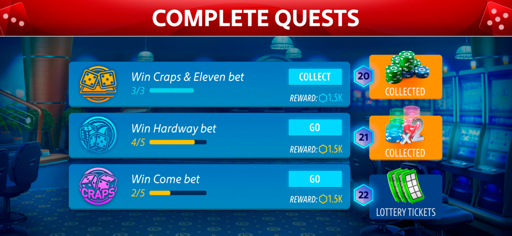 Vegas Craps by Pokerist - Tela de missões do jogo para Vegas Craps mostrando desafios de aposta e recompensas em fichas
