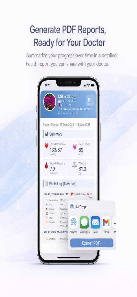 Vitals Logbook -Health Tracker - Pantalla de la aplicación móvil que muestra un informe de resumen de salud con métricas de presión arterial y frecuencia cardíaca y un botón de exportación de PDF.