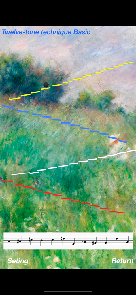 Interface of Auto Compose Music Box featuring twelve-tone music notation and physics-based lines over impressionist art.
