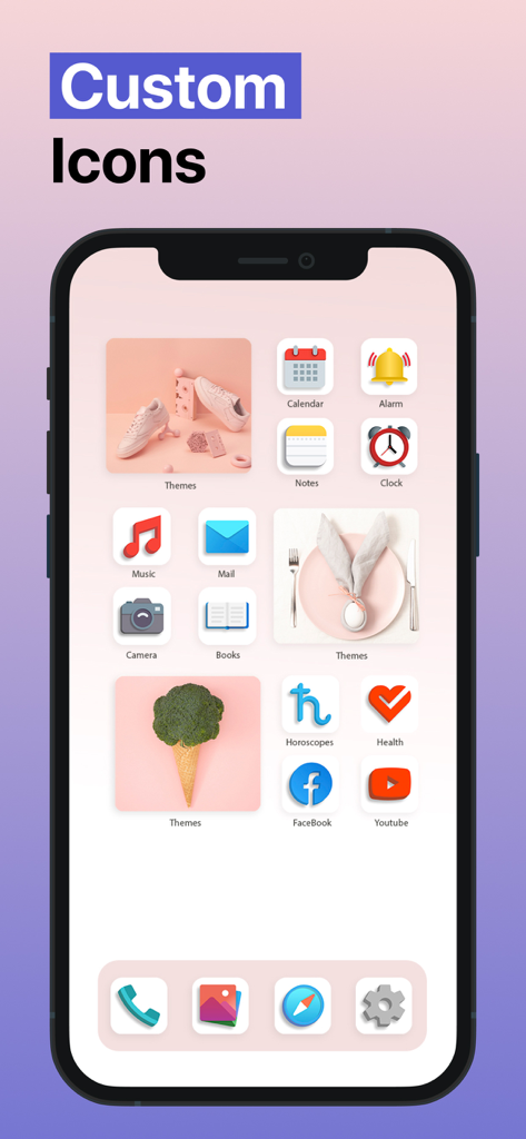 App ICON Changer - Theme Maker - カスタムアプリアイコンと美的ウィジェットを備えたパステルピンクのテーマを示すカスタマイズされたiPhoneホーム画面。