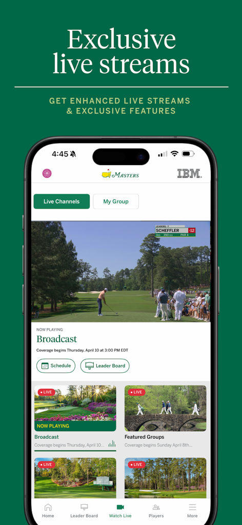 The Masters Tournament - Interfaz de la aplicación The Masters Tournament que muestra transmisiones exclusivas de golf en vivo en un iPhone