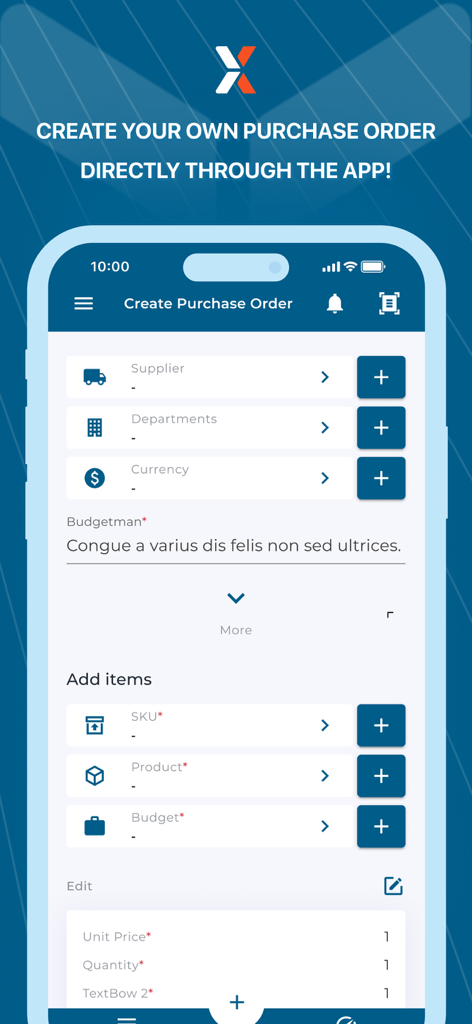 ProcurementExpress.com - Mobile screen of the ProcurementExpress.com app showing the interface to create a new purchase order with fields for supplier department and items