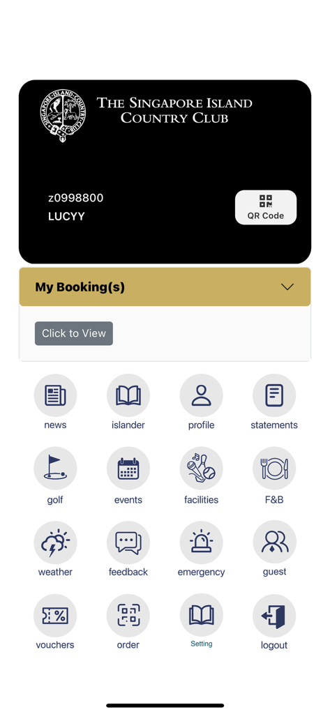 SICC - The main dashboard of the SICC app showing a digital membership card and a menu of club services
