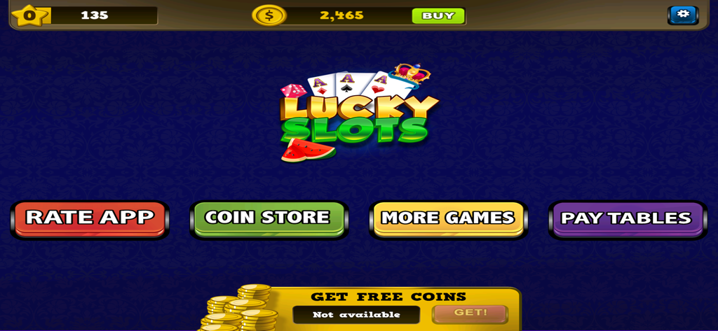 Lucky Slots Casino Game - Main menu screen of the Lucky Slots Casino Game showing the game logo coin balance and navigation buttons for the store and pay tables