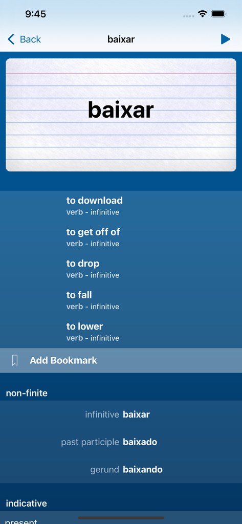 Portuguese Verbs Trainer - Conjugation and translation screen for the Portuguese verb baixar showing various meanings and non-finite forms
