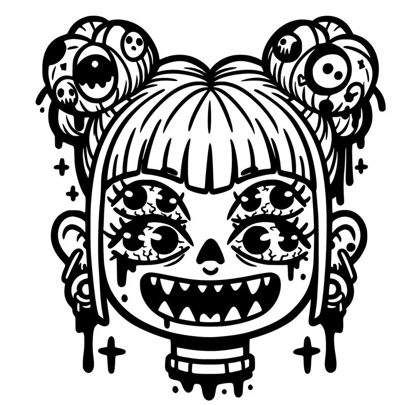 weirdcore girl with lots of eyes with sharp teeth and has space buns