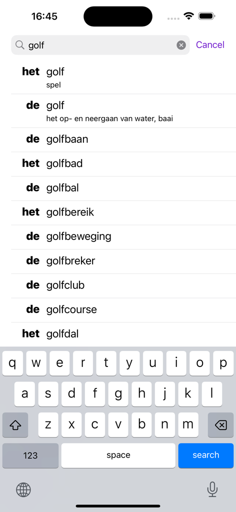 L'interface de recherche de l'application De Het affiche les noms néerlandais et leurs articles