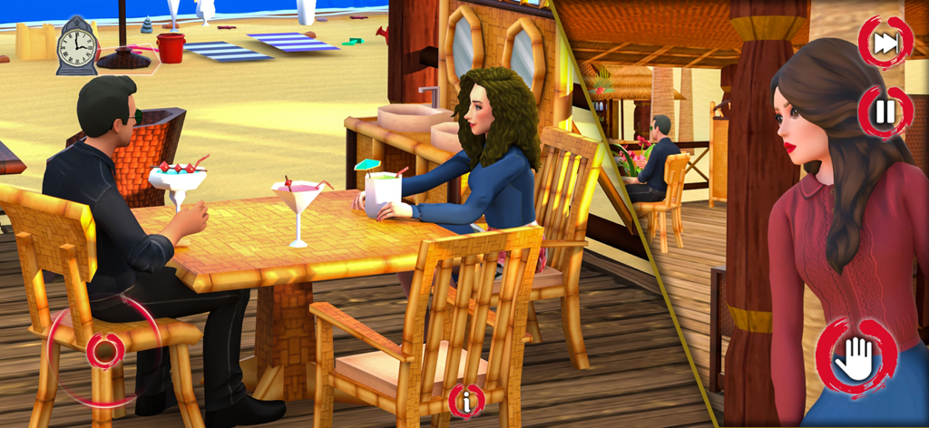 My Scary Teacher Prank Game 3D - A character spying on the scary teacher and a man at a beach table in a 3D prank game